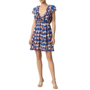 Gracia‎ Mini Dress S Red Blue White Bird Print Tiered Ruffle Bohemian Vacation